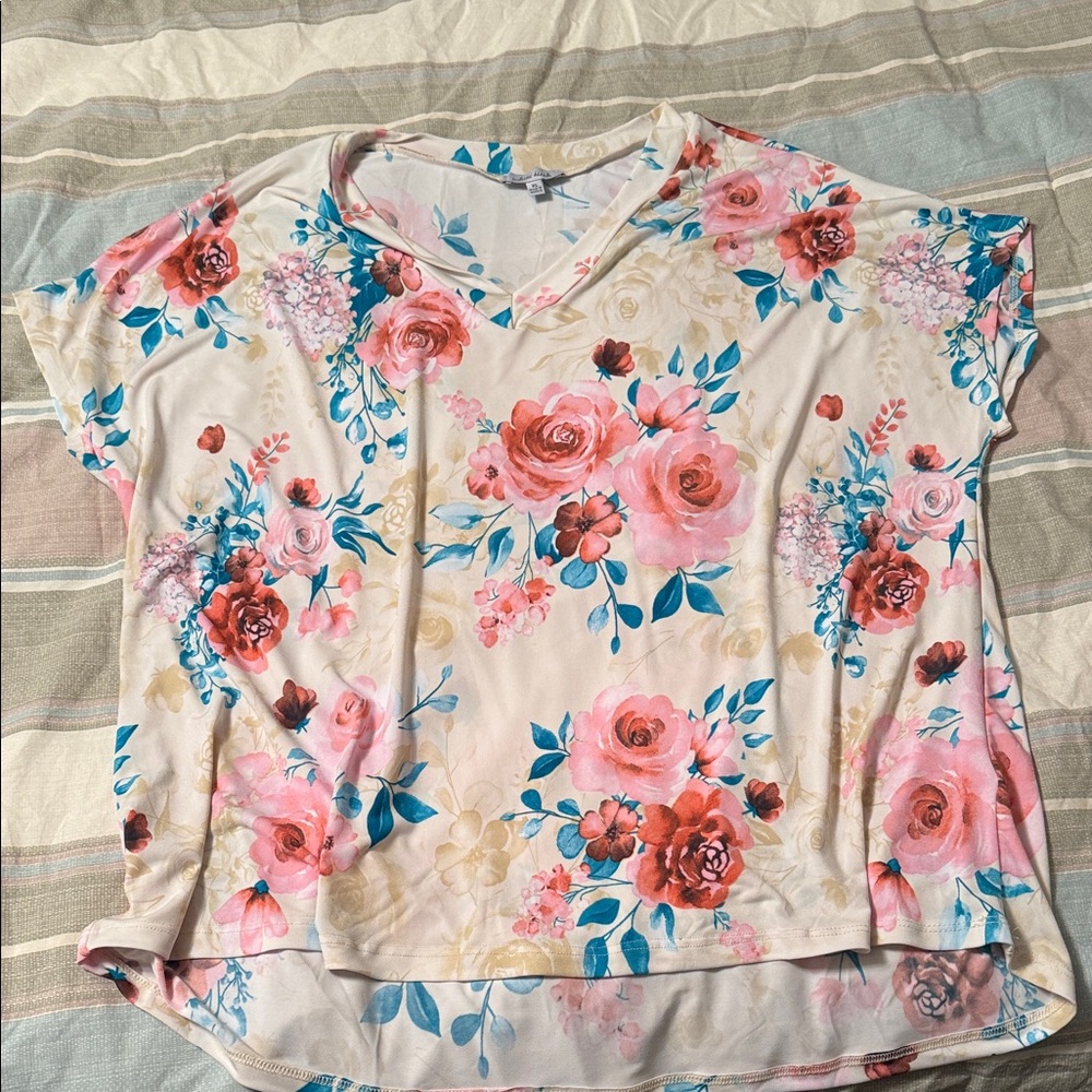 White Birch Floral V-Neck Top - Pink, Red, and Blue